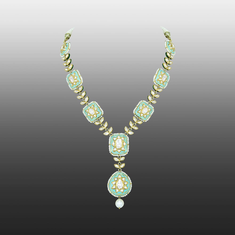 Square Polki Necklace with Turquoise Enamel and Pearl Drop